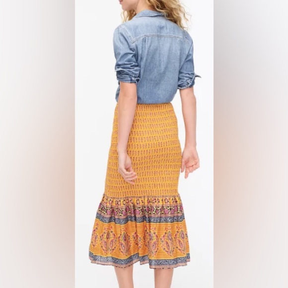 J.CREW Smocked Sunny Yellow Block Print Bodycon Midi Skirt S - Picture 3 of 10